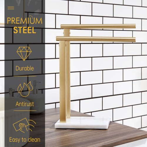 Image of KOKOSIRI Hand Towel Racks Stand Towel Holder 2-Tier with Marble Base for Bathroom Vanity Countertop, Champagne Bronze Stainless Steel 15.7'' Height THS0007-CPG