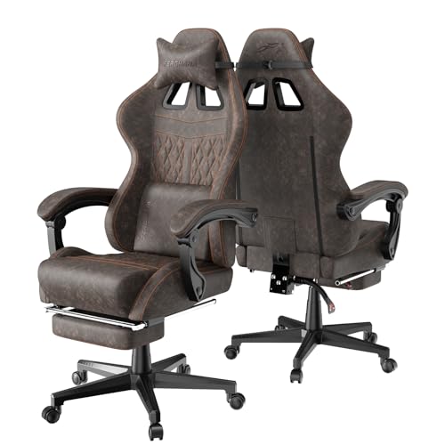 Ferghana Vintage PU Leather Gaming Chair, High Back Gamer Chair with Massage, Ergonomic Computer Office Chair with Footrest for Adults, Racing Style Reclining Video Game Chair Chestnut Brown