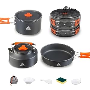Collapsible Camping Cookware Set, Portable 4-in-1 Outdoor Camping pots and Pans Set with Nonstick Frypan, Pot, Kettle & Carry Bag, Hard-Anodized Aluminum for Camping, Hiking (2-6 Person)