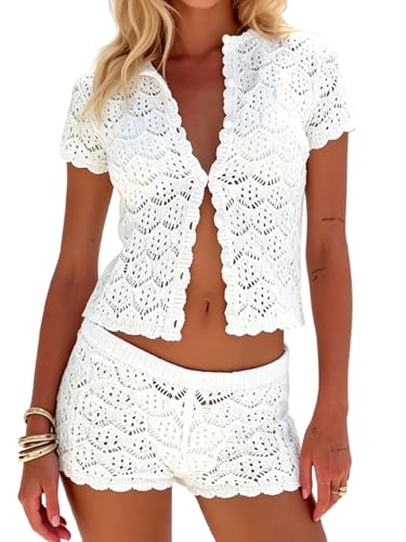 MakeMeChic Womens 2 Piece Sets Crochet Beach Cover Ups Boho Tops Mini Shorts Set Vacation Outfits White Small