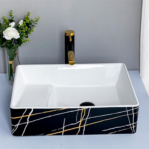 Lavabo artístico rectangular de cerámica vitrificada sobre encimera con desagüe completo 6