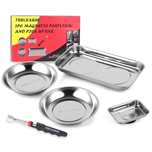 TOOLEAGUE 4Pcs Magnetic Tray Set with 15Lb Magnetic Pickup Pen Stainless Steel Trays with Extra Strong Magnets for Organizing and Retrieving Metal Parts