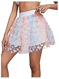 OYOANGLE Women's Mesh Sheer Skater A Line Skirt Embroidered Flare High Waist Skirt White S