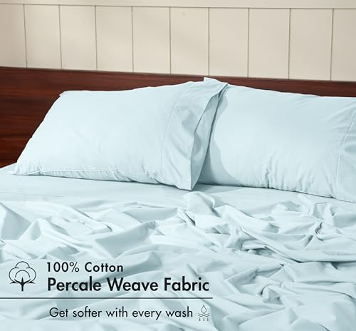 Image of RUVANTI 100% Cotton Percale Sheets Twin - Crisp Cooling Summer Bed Sheets for Hot Sleepers, Deep Pocket 14 inch, Soft Peach Finish, Breathable & Durable Hotel-Style 3 Piece Set, Spa Green