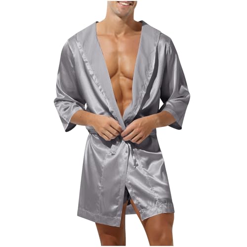 Men's Hooded Bathrobe Kimono Robe Short Sleeve Sleepwear Summer Belted Nightgown Pajamas with Hood