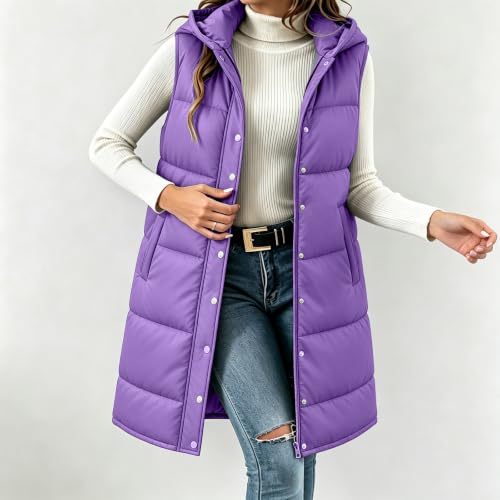 Long Puffer Vest Women Hood Quilted Sleeveless Zip Dual Closure Fall Winter - image 2