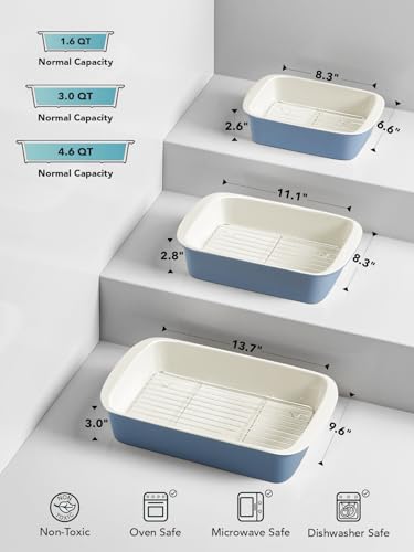 Image of LE TAUCI Deep Casserole Dishes for Oven, 13.7 inchx9.6 inch Ceramic Baking Dish Set with Roasting Racks, Large Lasagna Pans with Handles, Rectangular Bakeware as Gift for Mom, Dusty Blue (4.6QT /3.0QT /1.6QT), Set of 3