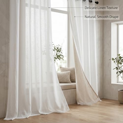 Wilafury 2-Piece Net Curtains, 84 Inches Long Sheer Light Filtering Outdoor Drapes with Iron Rings, White, 42W x 96L - Image 2