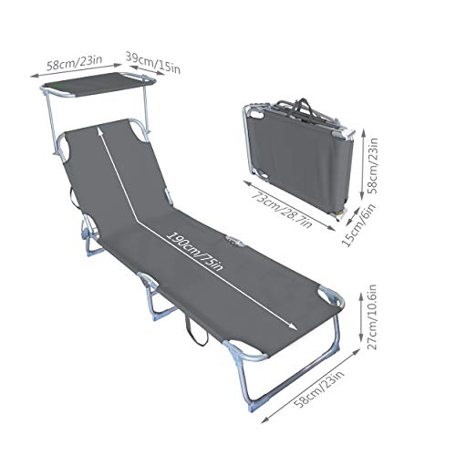 VOUNOT 2er Set Sonnenliege mit Dach, Klappbare Strandliege, Gartenliege Liegestuhl, Sonnendach und Rückenlehne Verstellbar, 190 x 58 x 27 cm, Grau