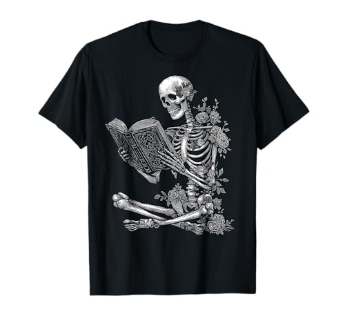 Floral Skeleton Reading Book Halloween Books Lover Men Women T-Shirt