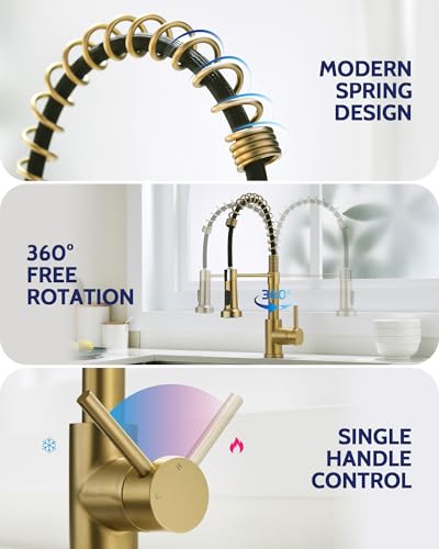 Image of LUFEIDRA Kitchen Faucet with Pull Down Sprayer and Soap Dispenser, High Arc Spring 304 Stainless Steel Single Handle 1 or 3 Hole 2 Mode for Farmhouse RV Camper Laundry Wet Bar (Gold)