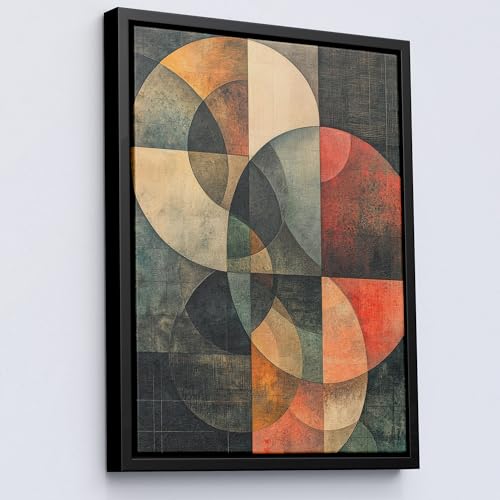Lithobee - Retro Bauhaus-Inspired Geometric Abstract Canvas in Earth Tones Black Framed Canvas 24x18inch(64x48cm) - Style No: 419