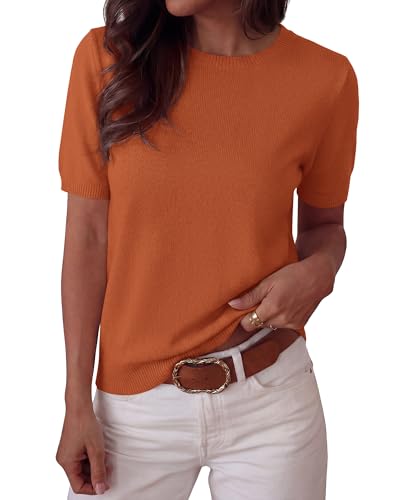 BTFBM Women's Short Sleeve Sweaters 2026 Summer Crew Neck Knit Work Shirts Business Casual Tops Basic Fall Fashion Clothing(Orange Red, Medium) — view 2