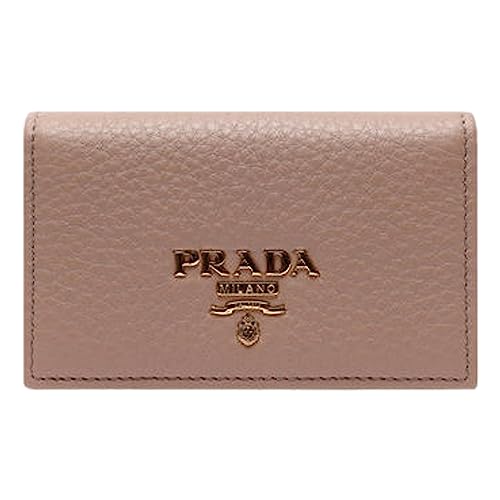 Prada Women's Vitello Grain Cammeo Beige Leather Card Case Wallet Gold Tone Logo Compact Design Made in Italy New