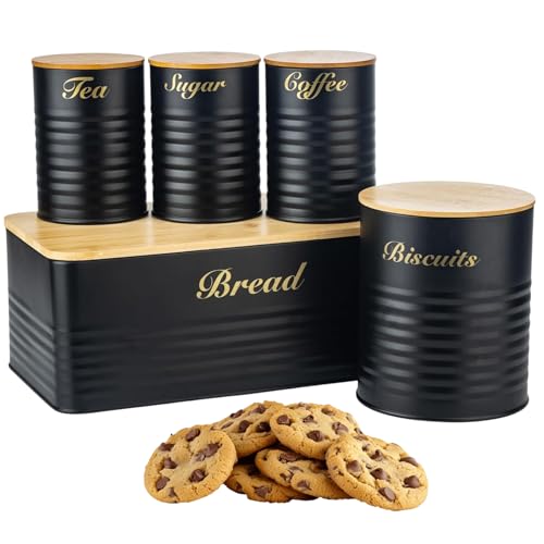 LENAK Tea Coffee Sugar Canister Set - Labeled Containers for Tea Coffee Sugar Tins Jar Collection for Kitchen Essentials (Black 5 Pieces)