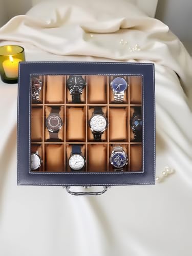 Image of LEDO Luxury Watch Box Organizer with 18 Slots, PU Leather Case, Transparent Display, Blue and Cream Interior, Metal Clasp Lock, Rectangular, Modern Classic Style