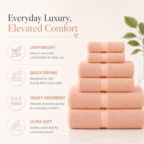 Image of Sulfar 100% Combed Cotton, 6 Pcs Towel Set - 2 Bath Towels (70 x 140 cm), 2 Hand Towels (40 x 70 cm) and 2 Face (30 x 30 cm) (600 GSM, Pack of 6) Tender Peach
