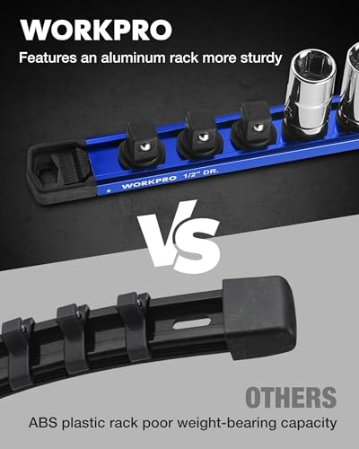 Image of WORKPRO Magnetic Socket Organizer, 1 /2 inch Drive Aluminum Alloy Socket Holder with 10PC Removable Socket Clips for Quick Customization, Socket Rail for Tool Box Drawer (Sockets Not Included)