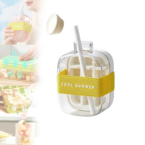 Creative Ice Cube Maker with Portable Kettle, Trend lce Cube Bottle, Push-Type Transparent Ice Cube Mold, Outdoor Straw Cup Fitness Drink Curling Pot (White, 500ml)