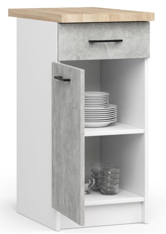 BDW - Küchenschrank Weiß/Beton - Schrank Küche - mit Arbeitsplatte, Tür, Schublade - Schrank 40 cm breit, 85 cm hoch - Küchenschränke Einzeln, Küchenmöbel Einzelteile