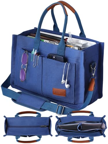 FIORETTO Canvas Tote Bag for Women with Zipper Closure & Individual Compartments for Work College, Crossbody Laptop Tote Purse Handbag with Bottom Support for Teacher & Nurse Dark Blue by FIORETTO - Used condition - Image 2