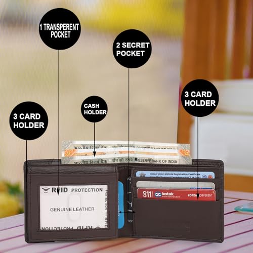 Image of CIMONI Premium Genuine Leather Wallet for Men Travel Casual Wallet with RFID Blocking 6 Card Sots, 2 Secret Compartments, 1 Transparent ID Window (Color - Brown)