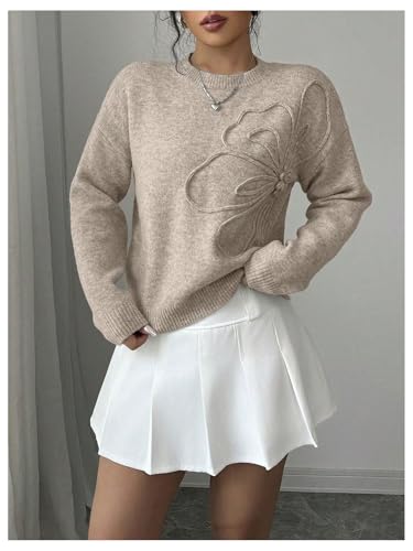 Image of RoseSeek Women's 3D Floral Appliques Crewneck Sweaters Long Sleeve Drop Shoulder Pullovers Elegant Knit Tops
