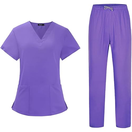 Scrubs Set Medical Uniform for Women Scrub Top with V-Neck & Cargo Pant Short Sleeved Suit for Nursing Doctor with Pockets
