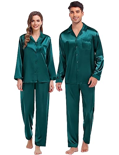 SWOMOG Couples Pajama Sets Women & Men Silky Satin Long Sleeve Sleepwear Classic Button Down Soft Loungewear Pjs Set Men Pure Green Large