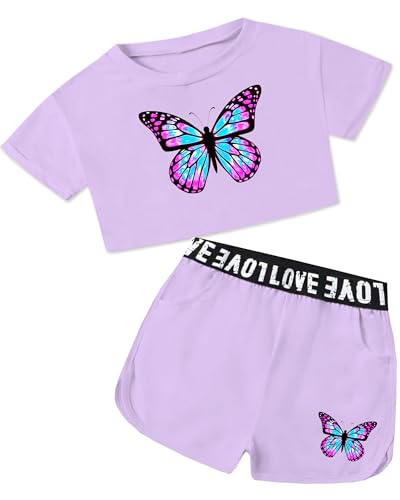 Image of Betusline Girls Summer 2 Piece Outfits,Kids Short Sleeve Crop Top & Shorts Set with Side Pockets