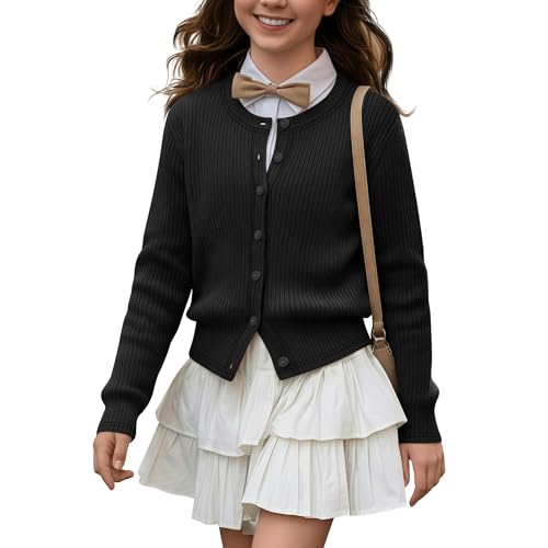 LessonZoo Girls Uniforms Cardigan Long Sleeve Ribbed Knit Crew Neck Shirt Button Down School Kids Student Outerwear Top(Black 9-10 Years)
