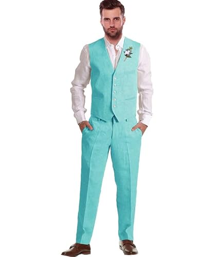 Mens Linen Suits for Beach Wedding 2 Piece Groomsmen Attire Linen Vest Pant Set Turquoise