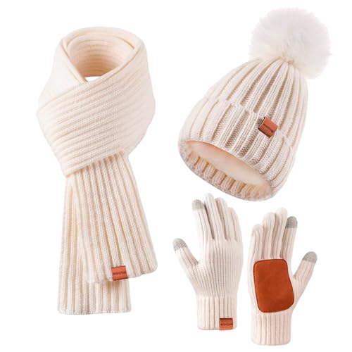 WISHDIAM Women's Apricot Winter Beanie Hat Scarf Gloves Set, Adult Women's Accessory Set for Cold Weather, Touchscreen Gloves, Pom Pom, Knitted, Warm