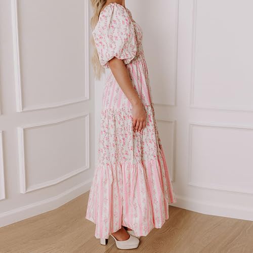 Image of Women Patchwork Dress Y2k Floral Puff Short Sleeve Maxi Dress Summer Boho Smocked Tiered Ruffle Beach Sundress