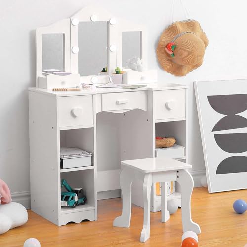 Kids Vanity Set With Mirror, 2-In-1 Wooden Toddler Vanity Table With Stool, Tri-Folding Mirror & Drawer,Princess Pretend Play Makeup Vanity Princess Makeup Desk Dressing Table for Little Girls