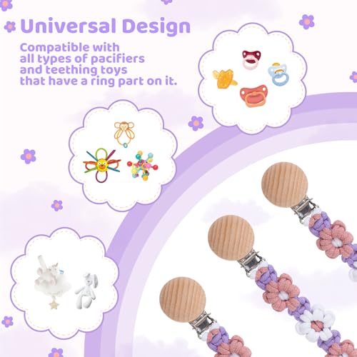 Image of Pacifier Clip for Boys Girls Floral Daisy Macrame Baby Paci Clip Pacifier Holder Leash Boho Wooden Clips Handmade Braided Cotton Binky Clips (2pack:Lavender Style x 2)