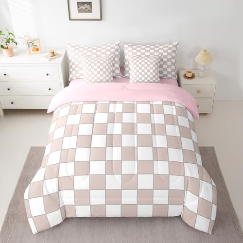 Image of Erosebridal Light Pink Checkered Full Bed in A Bag 7 Piece White Cream Checkerboard Bedding Set,Buffalo Plaid Grid Comforter Set with Sheets for Kids Girls Teen Aesthetic Geometric Gingham Bed Set