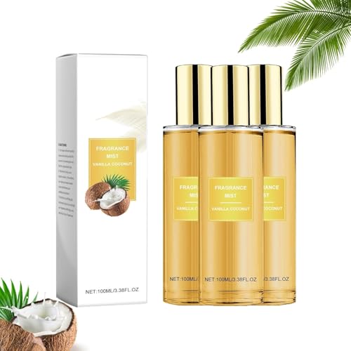 Coconut Vanilla Body Spray for Women, Body Spray Womens, Vanilla Perfume, Hair Perfume for Women, Hydrating & Refreshing, Long-Lasting Light Fragrance Mist for Hair and Skin Care (3PC)