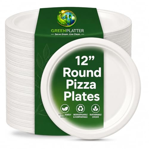 Image of Greenplatter Bagasse Premium Pizza Plates, 12 Inch Round (Pack of 50) - Heavy Duty Disposable Pizza Plate, Eco Friendly Sugarcane Dishes, Compostable Party Plates, Microwave & Freezer Safe
