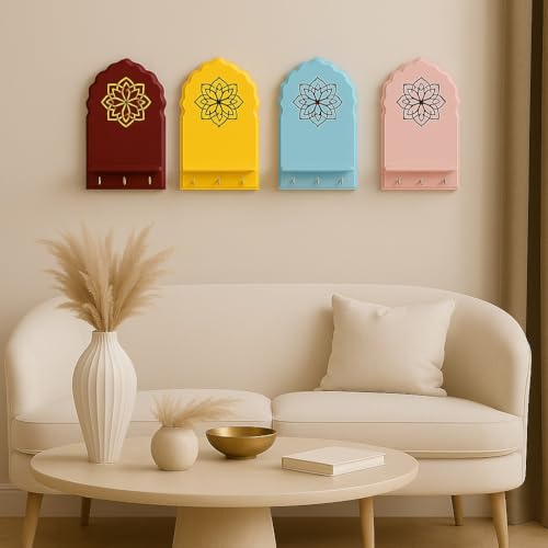 Image of Globally Indian Engineered Wood Keys Holder for Wall with Shelf |Mandala Design Key Stand Organizer for Home Entrance |Decorative Key Hanger for Wall, Entryway, Living Room |Floating Wall Shelf (Blue)