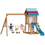 Albott Wooden Swing Set for Kids, Outdoor 6-in-1 Wood Playset with Tower Playhouse, Wave Slide, Swings, Climbing Wall & Ladder, Backyard Playground for Ages 3–8, 99.6' D x 152.4' W x 96.5' H