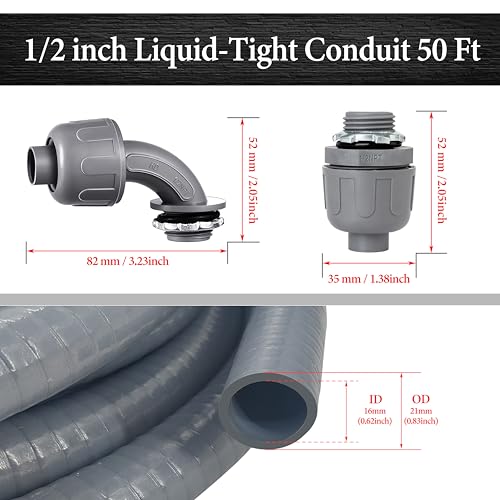50 Foot Liquid-Tight Conduit Kit - 1/2inch Flexible Non Metallic Liquid Tight Electrical Conduit and 5 Straight and 4 Angle Fittings Included. 1/2\" Dia