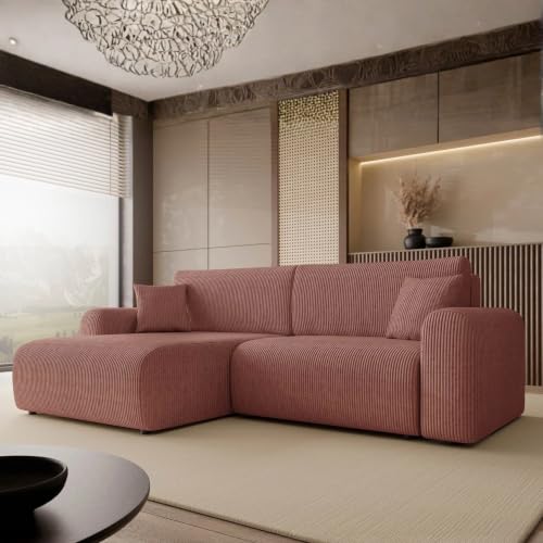 Image of FURNIPOL Dirty Pink Corner Sofa Bed with Storage FLORYN Particle Board Frame with Loose Cushions Modern Furniture for Living Room Apartment