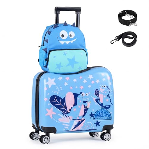 BABY JOY 2 PCS Kid Luggage Set W/Spinner Wheels, 18" Ride-on & Carry-on & Sit-on Suitcase & 12" Backpack Set W/Lanyard for Pull & Prevent Loss, Carry Strap, Travel Rolling Luggage (Dinosaur)