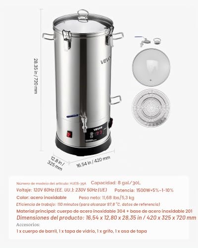 Miniatura 7 de Vevor Sistema Eléctrico De Elaboración De Cerveza, Olla De Cocción De 30 L, Carcasa De Acero Inoxidable 304, Macerador Con Barril Interior Integrado, Asa Y Grifo Reforzados, 420 X 325 X 720 Mm