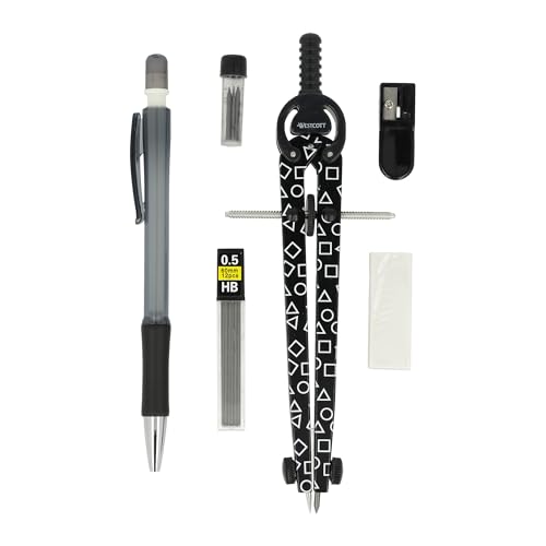 Westcott Zirkel Set Gamer Black | 6-teilig mit Schnellverstellzirkel, Nachfüllminen, Anspitzer, HB Druckbleistift inkl. 12 Minen, Radierer | Zirkel mit Feststellrad | E-711419 00