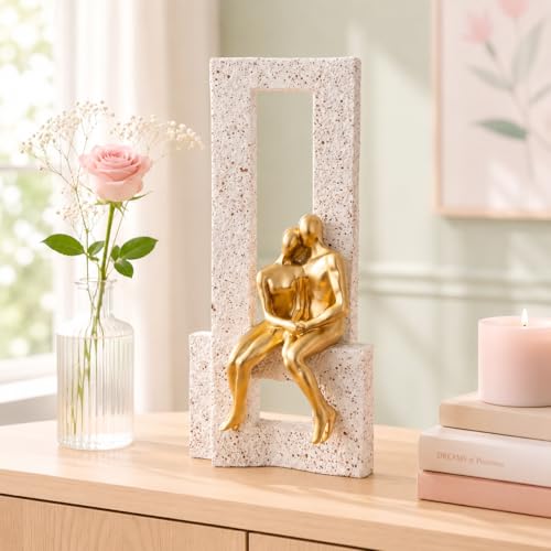 Image of Amazon Basics Graceful Abstract Couple Figurine for Home & Office Decor | Modern Romantic Sculpture Showpiece for Living Room, Shelf, Study Table & Bedroom Styling (Gold & Beige, 19 cm)