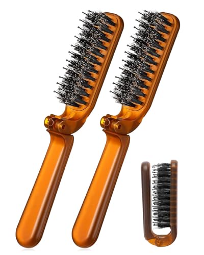 CULEB 2 Pezzi Spazzola da Viaggio per Capelli Pieghevole,Pettine a Setole Mini,Spazzola da Borsa,Strumenti Portatili per Lo Styling dei Capelli per Uomini e Donne(Marrone)