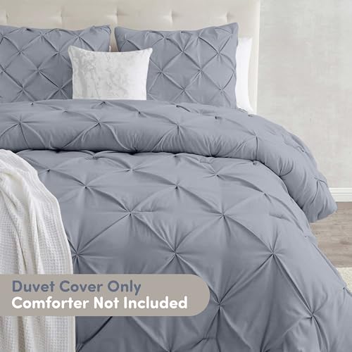 Image of Nestl Ice Blue Duvet Cover Full Size - Soft Double Brushed Duvet Set with Button Closure & Corner Ties, 3 Piece Luxurious Pinch Pleated Duvet Cover Set 80x90 Inches with 2 Pillow Shams