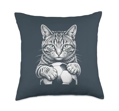 Cat Playing Soccer Black and White Line Art Kitten Football Throw Pillow